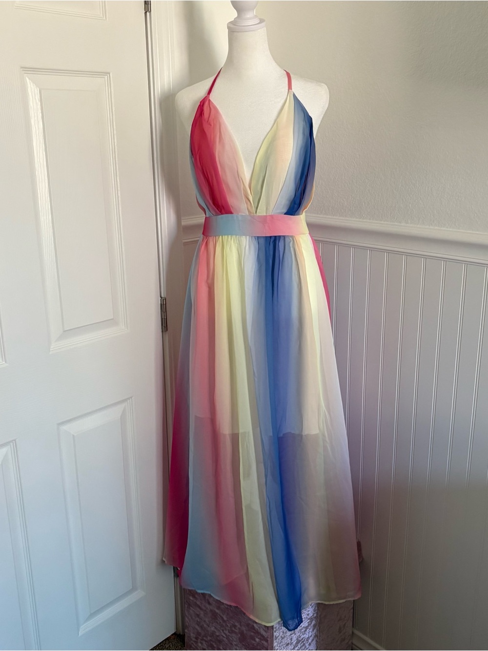 NWT Pastel Rainbow Halter Maxi Dress - size Small